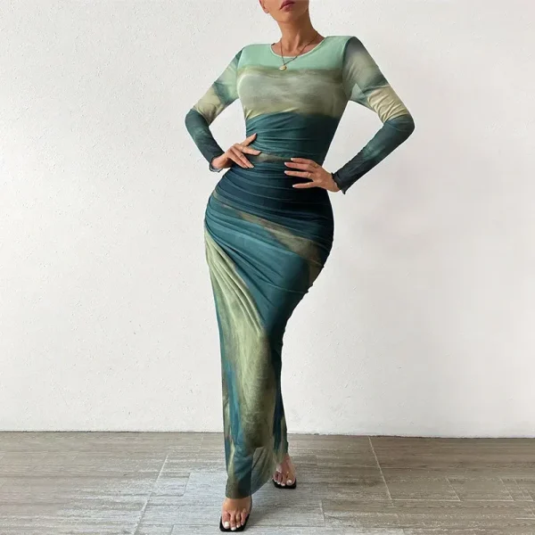 Summer Women Fashion Tie-Dye Printing Creased Round Neck Long Sleeve Tight Maxi Dress - Image 2