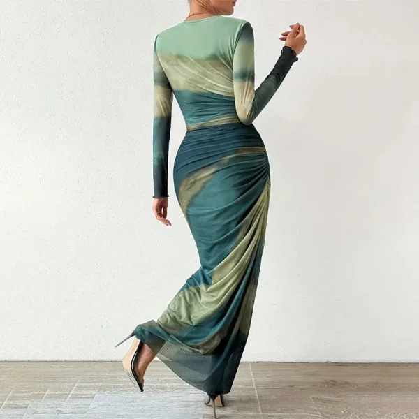 Summer Women Fashion Tie-Dye Printing Creased Round Neck Long Sleeve Tight Maxi Dress - Image 3