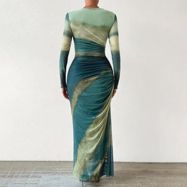 Summer Women Fashion Tie-Dye Printing Creased Round Neck Long Sleeve Tight Maxi Dress - Image 4