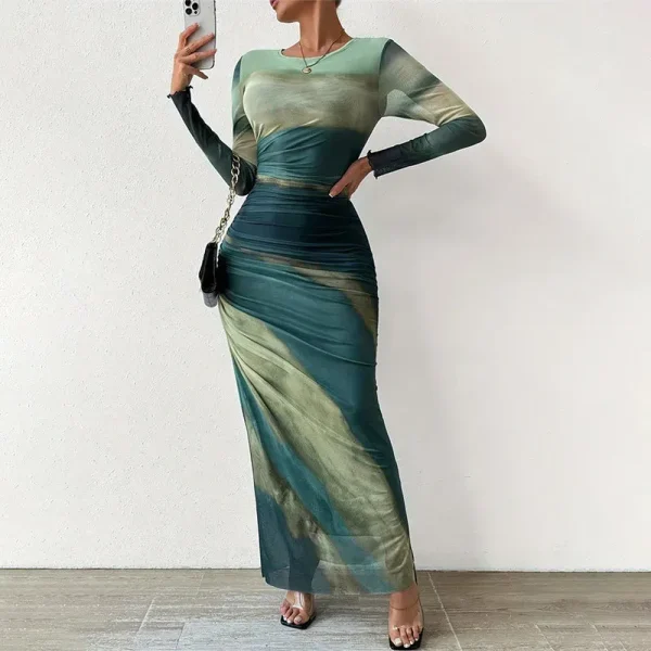 Summer Women Fashion Tie-Dye Printing Creased Round Neck Long Sleeve Tight Maxi Dress - Image 5