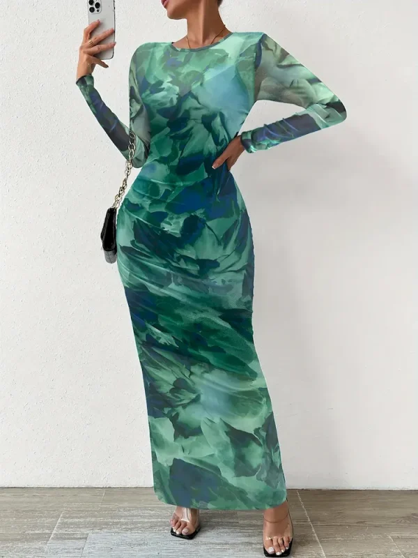Summer Women Fashion Tie-Dye Printing Creased Round Neck Long Sleeve Tight Maxi Dress - Image 6