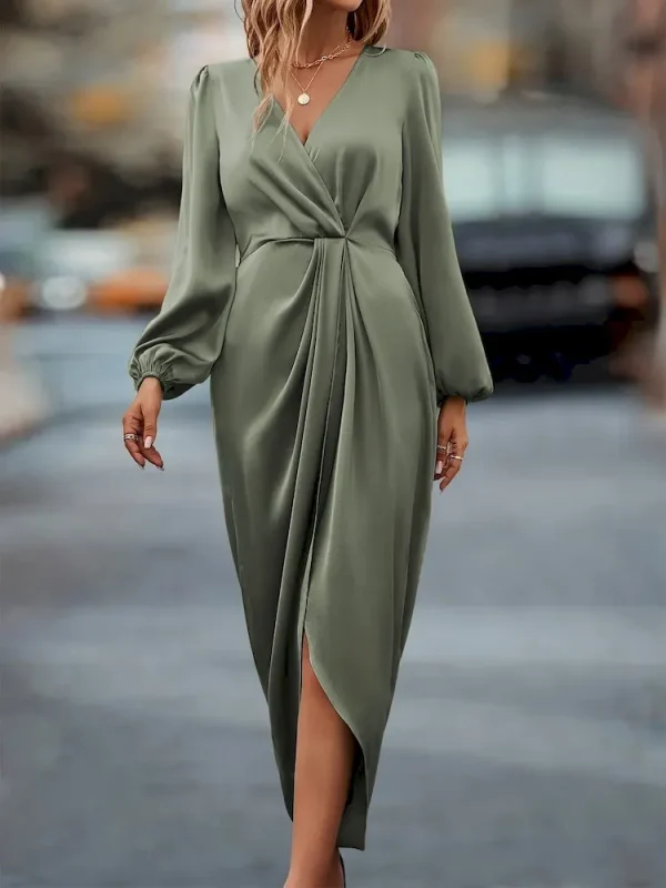 Summer Women Fashion Elegant Crossover V-Neck Creased Long Sleeve Dress - Image 4