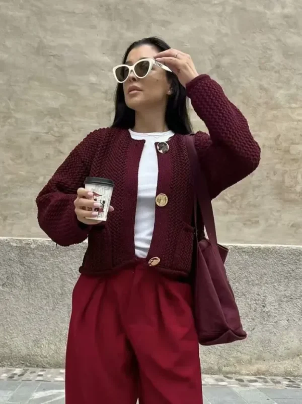 Autumn Winter Women Fashion Round Neck Hollow Long Sleeve Knitted Sweater Coat - Image 2
