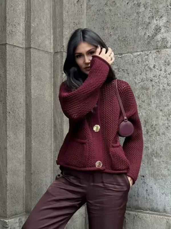 Autumn Winter Women Fashion Round Neck Hollow Long Sleeve Knitted Sweater Coat - Image 4