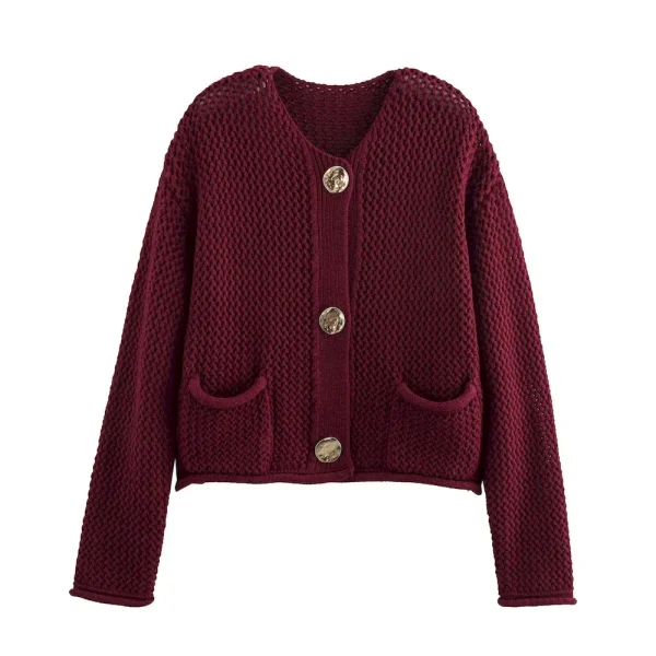 Autumn Winter Women Fashion Round Neck Hollow Long Sleeve Knitted Sweater Coat - Image 5
