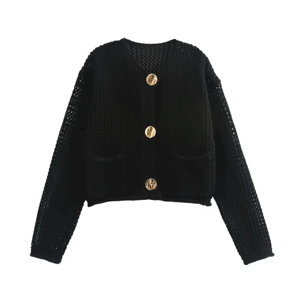 Autumn Winter Women Fashion Round Neck Hollow Long Sleeve Knitted Sweater Coat - Image 6