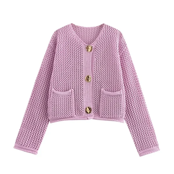 Autumn Winter Women Fashion Round Neck Hollow Long Sleeve Knitted Sweater Coat - Image 7