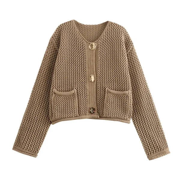 Autumn Winter Women Fashion Round Neck Hollow Long Sleeve Knitted Sweater Coat - Image 8