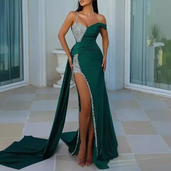 Women Fashion Sexy Heavy Industry Bronzing Split Mop Party Dress