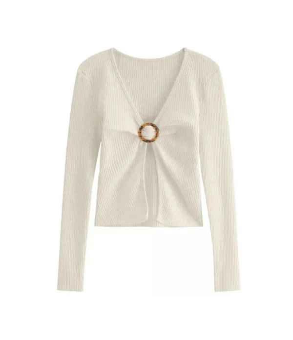 Autumn Winter Women Fashion V-Neck Hollow Long Sleeve Crop Knitted Top - Image 5