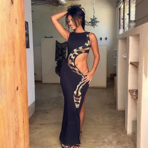 Summer Women Fashion Sexy Round Neck Sleeveless Hustle Snake Print Hollow Split Maxi Dress