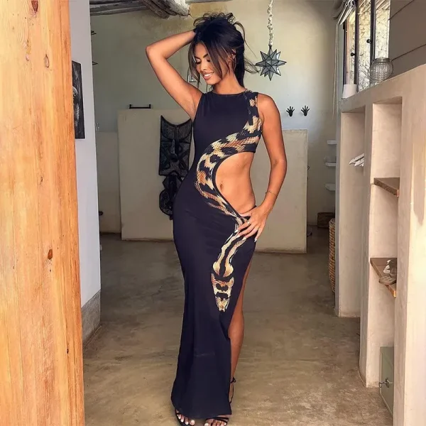 Summer Women Fashion Sexy Round Neck Sleeveless Hustle Snake Print Hollow Split Maxi Dress