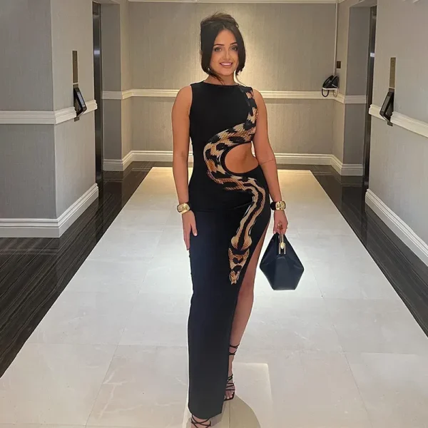 Summer Women Fashion Sexy Round Neck Sleeveless Hustle Snake Print Hollow Split Maxi Dress - Image 2