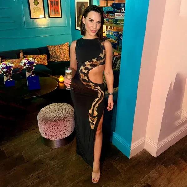 Summer Women Fashion Sexy Round Neck Sleeveless Hustle Snake Print Hollow Split Maxi Dress - Image 3
