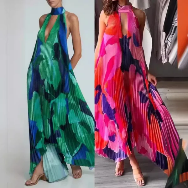 Summer Women Fashion Deep V Halter Neck Backless Print Pleated Maxi Dress - Image 2