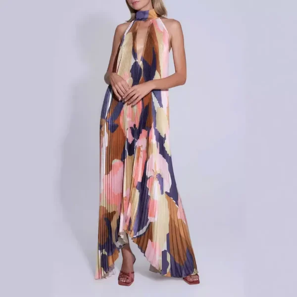 Summer Women Fashion Deep V Halter Neck Backless Print Pleated Maxi Dress - Image 4