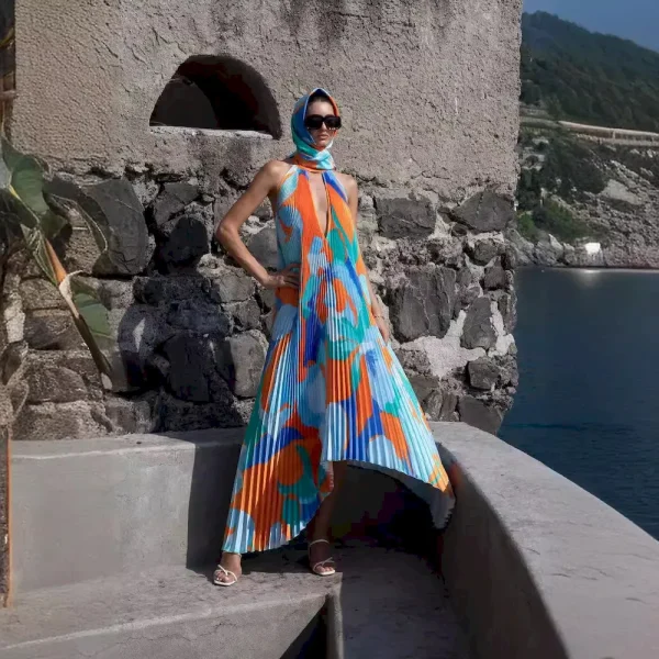 Summer Women Fashion Deep V Halter Neck Backless Print Pleated Maxi Dress - Image 5