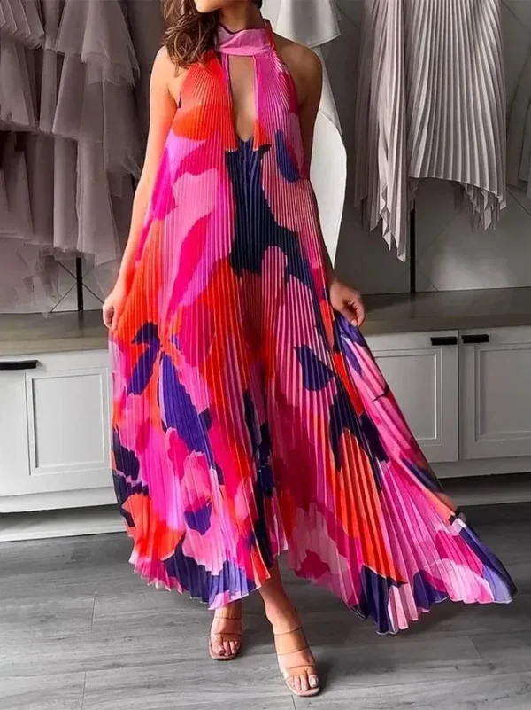 Summer Women Fashion Deep V Halter Neck Backless Print Pleated Maxi Dress - Image 6