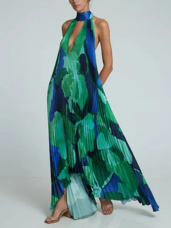 Summer Women Fashion Deep V Halter Neck Backless Print Pleated Maxi Dress - Image 7