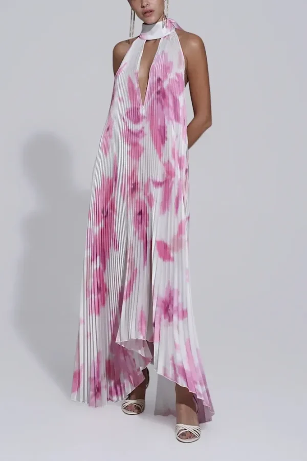 Summer Women Fashion Deep V Halter Neck Backless Print Pleated Maxi Dress - Image 8