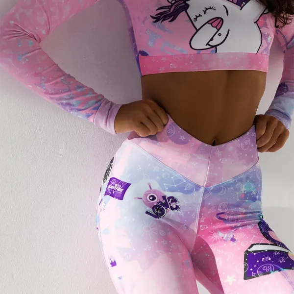 Women Fashion Pink Unicorn Printed Long-Sleeved Top Hip High Waist Yoga Leggings Two-Piece Set - Image 2