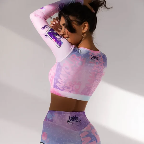 Women Fashion Pink Unicorn Printed Long-Sleeved Top Hip High Waist Yoga Leggings Two-Piece Set - Image 3
