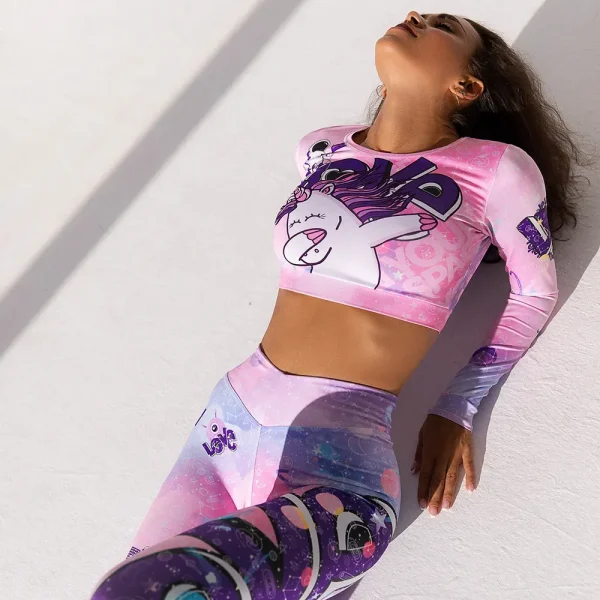 Women Fashion Pink Unicorn Printed Long-Sleeved Top Hip High Waist Yoga Leggings Two-Piece Set - Image 5