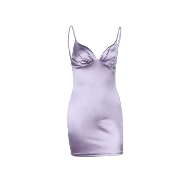 Summer Women Fashion Sexy Solid Color Deep V Satin Sling Backless Mini Dress - Image 5