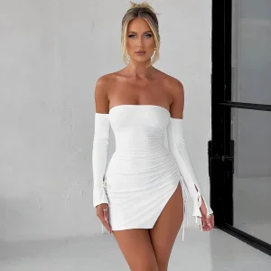 Summer Nightclub Women Fashion Sexy Strapless Creased Drawstring Split Mini Dress