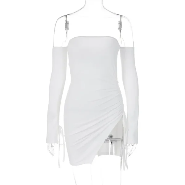 Summer Nightclub Women Fashion Sexy Strapless Creased Drawstring Split Mini Dress - Image 4