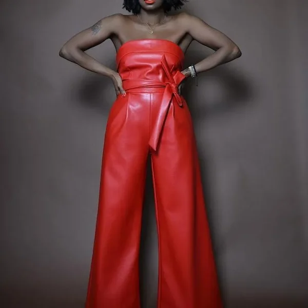 Summer Women Fashion Sexy Strapless Wide Leg PU Jumpsuits