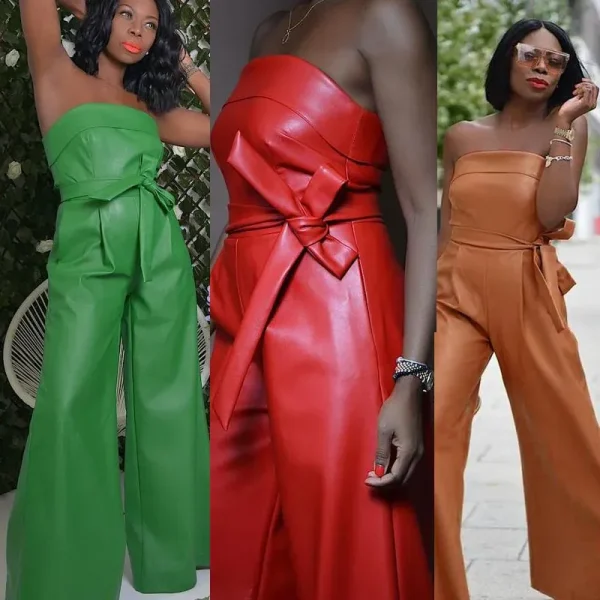 Summer Women Fashion Sexy Strapless Wide Leg PU Jumpsuits - Image 2