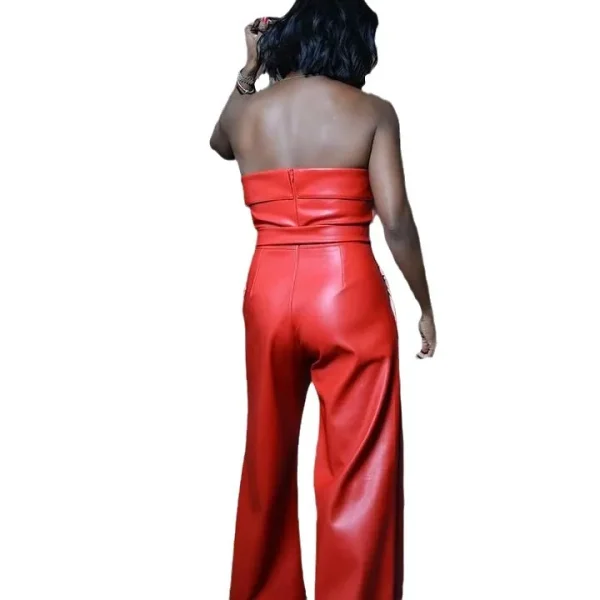 Summer Women Fashion Sexy Strapless Wide Leg PU Jumpsuits - Image 5