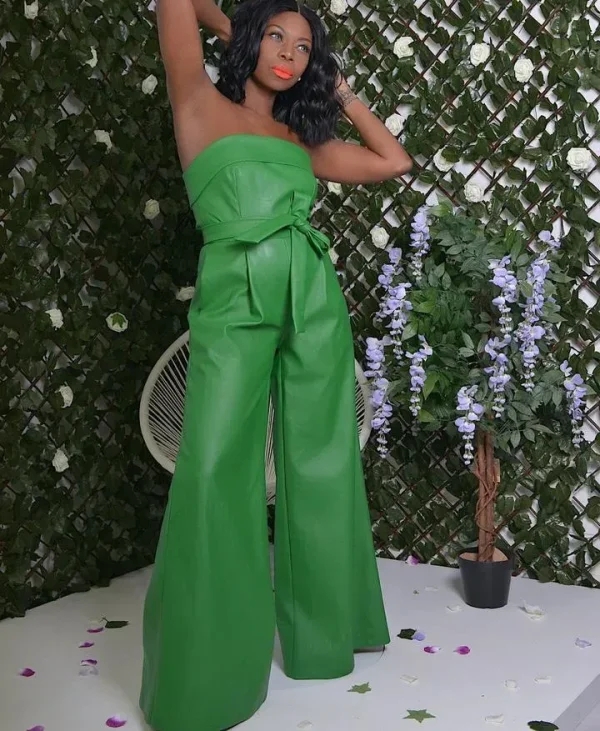 Summer Women Fashion Sexy Strapless Wide Leg PU Jumpsuits - Image 7