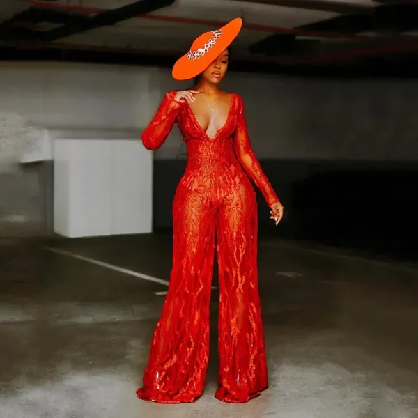 Women Fashion Sexy Deep V Bright Red Sprinkling Gold Wide Leg Jumpsuits - Image 2