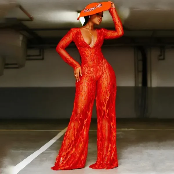 Women Fashion Sexy Deep V Bright Red Sprinkling Gold Wide Leg Jumpsuits - Image 3