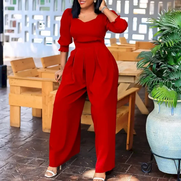 Women Fashion Casual Solid Color Long Sleeve Loose Wide Leg Jumpsuits - Image 2