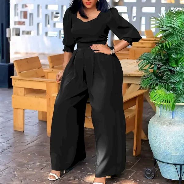 Women Fashion Casual Solid Color Long Sleeve Loose Wide Leg Jumpsuits - Image 3