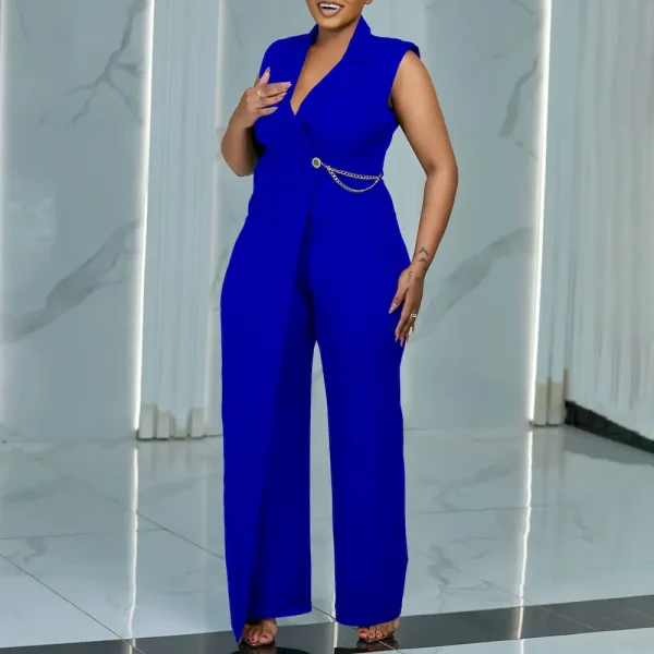 Women Fashion Elegant Sleeveless Dress Collar Solid Color Jumpsuits - Image 2