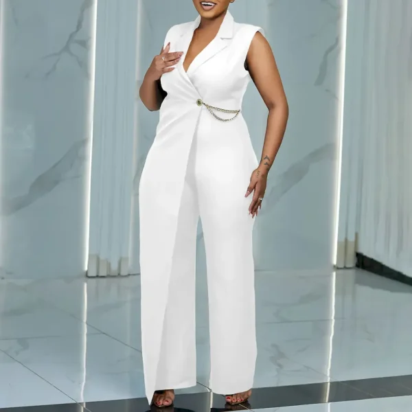 Women Fashion Elegant Sleeveless Dress Collar Solid Color Jumpsuits - Image 3