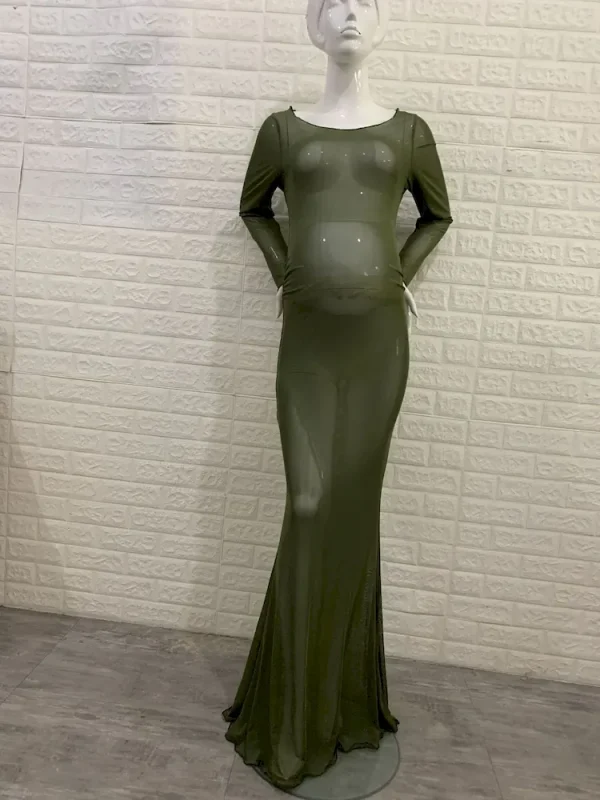 Pregnant Women Fashion Sexy High Stretch Mesh Perspective Round Neck Long Sleeve Dress - Image 8