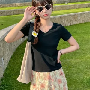 Summer Women Casual Solid Color V-Neck Short-Sleeved T-Shirt