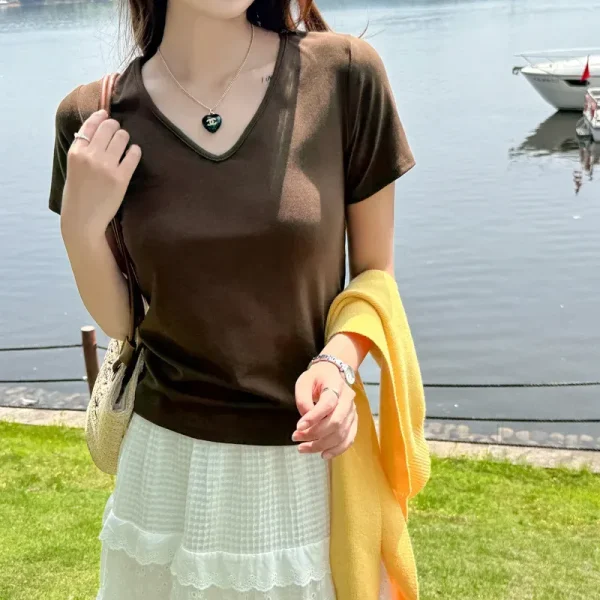 Summer Women Casual Solid Color V-Neck Short-Sleeved T-Shirt - Image 4