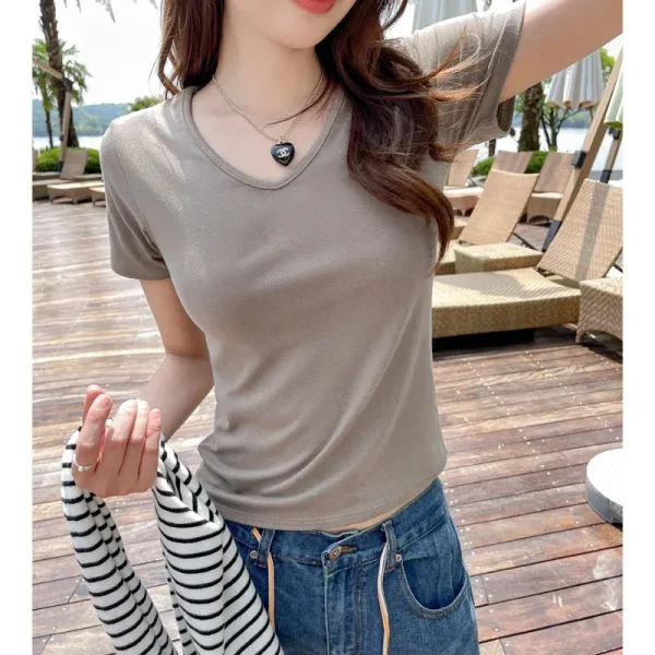 Summer Women Casual Solid Color V-Neck Short-Sleeved T-Shirt - Image 5