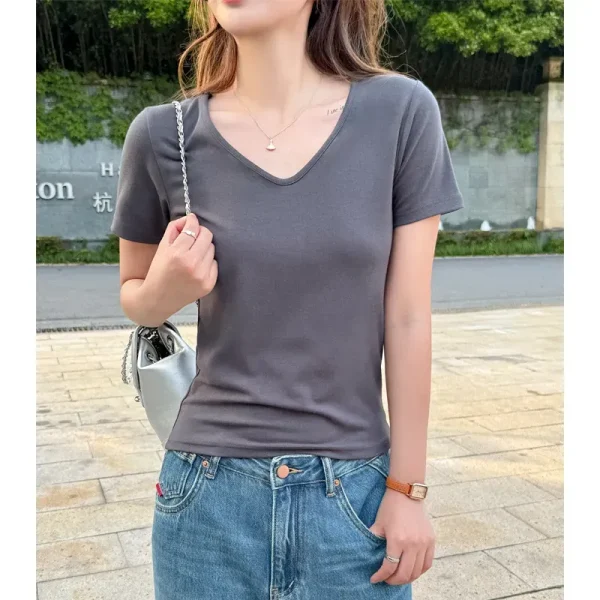 Summer Women Casual Solid Color V-Neck Short-Sleeved T-Shirt - Image 6