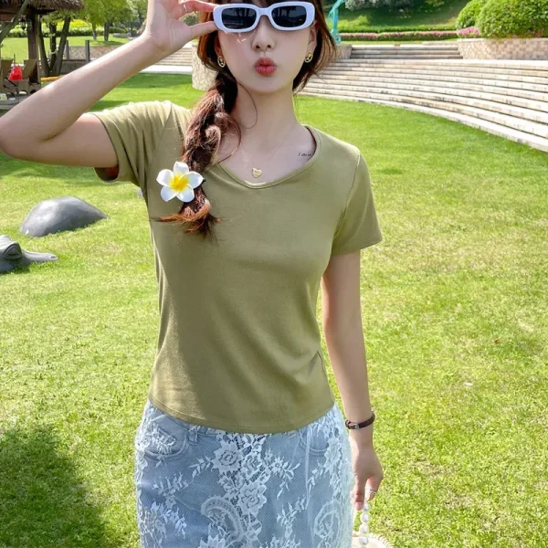 Summer Women Casual Solid Color V-Neck Short-Sleeved T-Shirt - Image 7