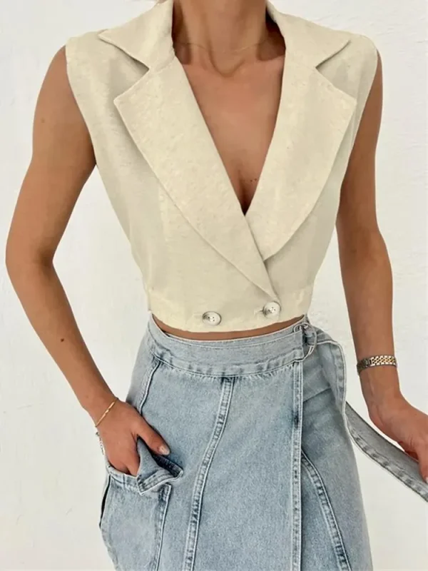 Women Fashion Solid Color Deep V Lel Sleeveless Vest Top - Image 3