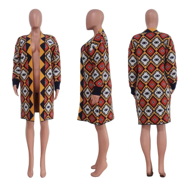 Women Fashion Geometric Long Sleeve Knitted Long Coat - Image 2