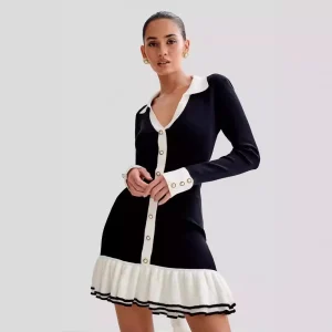 Women Fashion V-Neck Pearl Buckle Long Sleeve Ruffled Dress