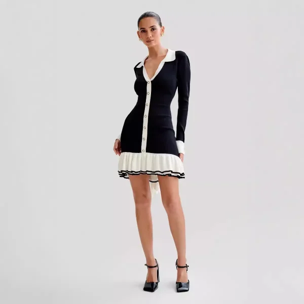 Women Fashion V-Neck Pearl Buckle Long Sleeve Ruffled Dress - Image 2